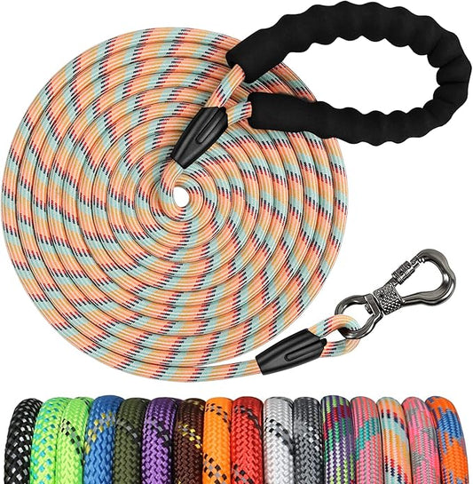 NTR 15FT Dog Long Leash, Rope Leash with Swivel Lockable Hook and Comfortable Padded Handle, Training Lead for Walking, Hunting, Camping, Backyard Small Medium Large Dogs, Pink Color, 15ft*3/8''