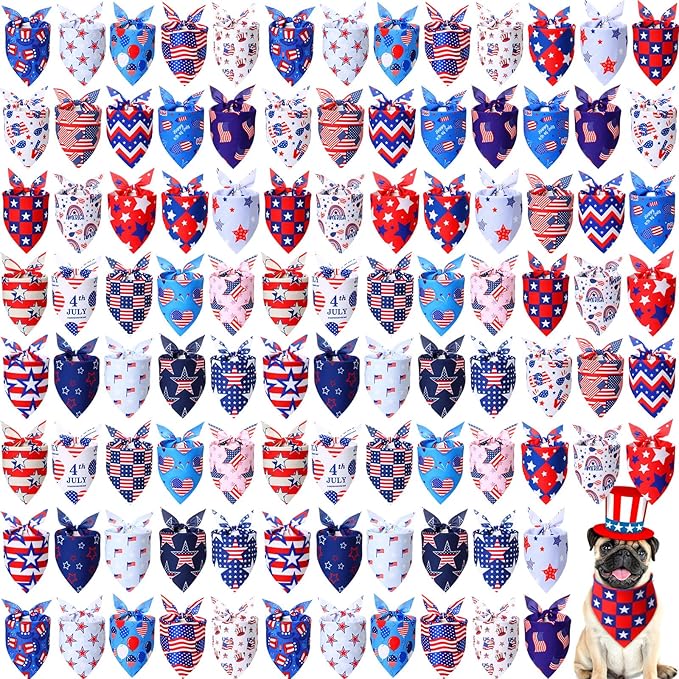 Sumind 100 Pieces Patriotic Dog Bandanas Bulk Bibs Triangle Scarf Star Bandanas for Dogs with Independence Day Patterns for Independence Day Pet Costume Accessories Decoration(Large)