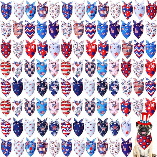 Sumind 100 Pieces Patriotic Dog Bandanas Bulk Bibs Triangle Scarf Star Bandanas for Dogs with Independence Day Patterns for Independence Day Pet Costume Accessories Decoration(Large)