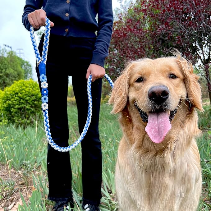 Handmade 5ft Braided Cotton Dog Leash with Unique Floral Handle, Durable and Stylish, Ideal for Small to Large Dogs,Sea Wave