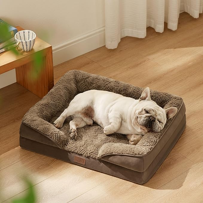 Bedsure Orthopedic Dog Bed for Medium Dogs - Calming Dog Sofa Beds Medium with Luxurious Plush Washable, Pet Couch Bed with Removable Washable Cover, Waterproof Lining and Nonskid Bottom, Brown