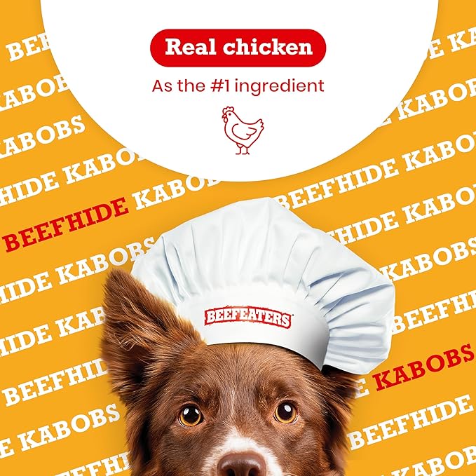 Beefeaters Beefhide Kabobs 1.58oz – (12 Pack) Dog Treat. Triple Flavor with Real Chicken, Liver & Sweet Potato, Long-Lasting Chew, Supports Dental Health, Ideal for Training