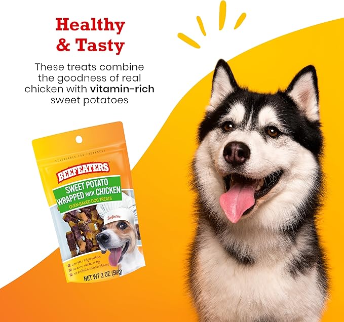 Beefeaters Sweet Potato Wrap with Chicken 2oz, (12 Pack) – Dog Treat. No Corn, Wheat, Soy or Gluten, Low Fat, Whole Muscle Jerky, Ideal for Training & Snacks