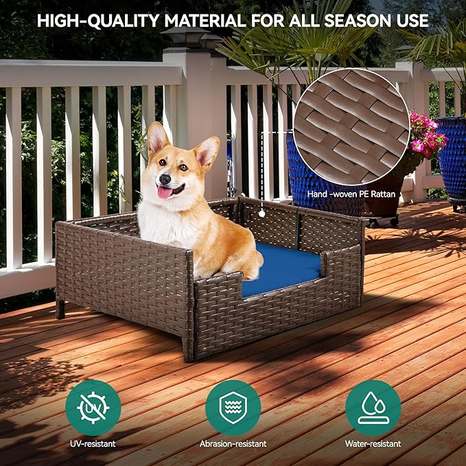 YITAHOME Rattan Dog Sofa Bed with Cushion,Wicker Pet Bed Sofa Couch Indoor Outdoor Water Resistant for Large Medium Small Dogs Cats (24.8''L*19.7''W*9.8'',Blue)