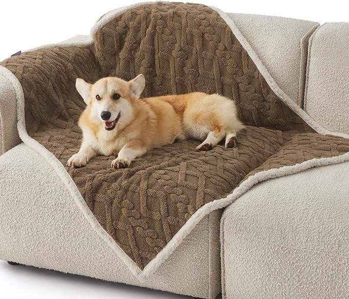 Bedsure Waterproof Dog Blankets for Medium Dogs - Pet Blanket for Couch Protector Washable, Premium Jacquard Coral Fleece Cat Throw Blanket, Soft Plush Reversible Furniture Protection,30"x40", Taupe