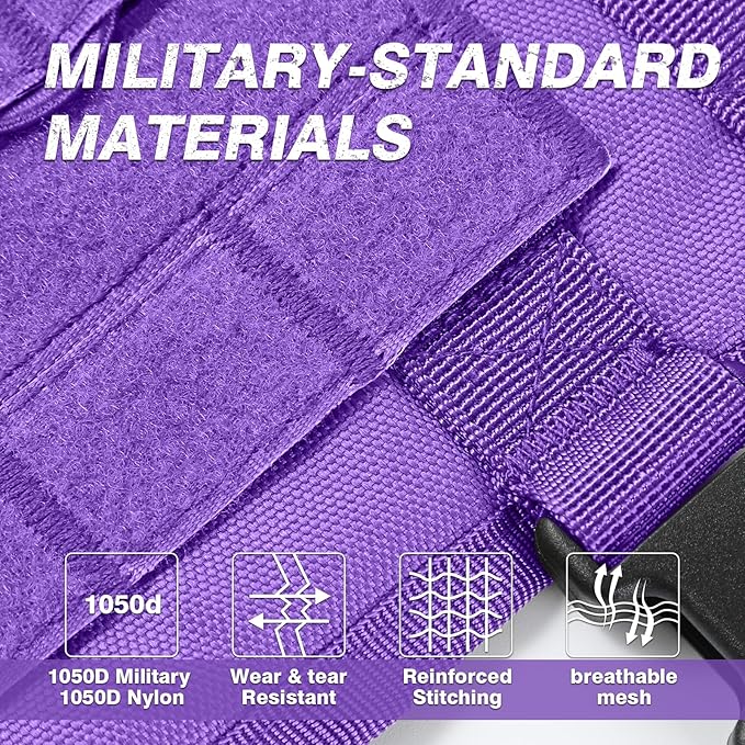No Pull Tactical Dog Harness for Large Dogs, Escape Proof Molle Dog Vest Harness and Leash Set, Adjustable Military Service Dog Harness with Handle for Medium Large Dogs(Purple, L)