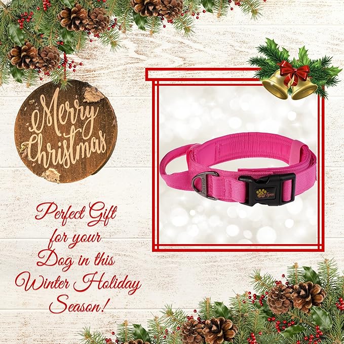 ADITYNA - Tactical Dog Collar for Large Dogs - Soft Padded, Heavy Duty, Adjustable Pink Dog Collar with Handle for Training and Walking