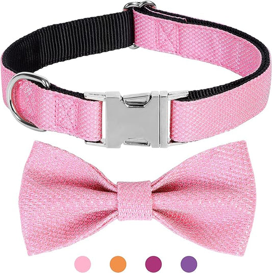 Dog Collar with Bow for Small Medium Large Dogs, Cute Bling Dog Bow Tie Collar with Metal Buckle, Soft & Durable for Medium Dogs Walking (Light Pink, M)