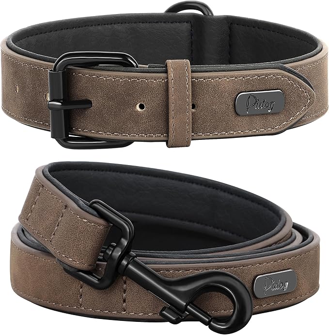 Didog Soft Padded Leather Dog Collar and Leash Set, Heavy Duty Dog Leash and Collar Set with Metal Buckle, Breathable Dog Collars with 4FT Leather Dog Leash for Small Medium Large Dogs, Brown, L