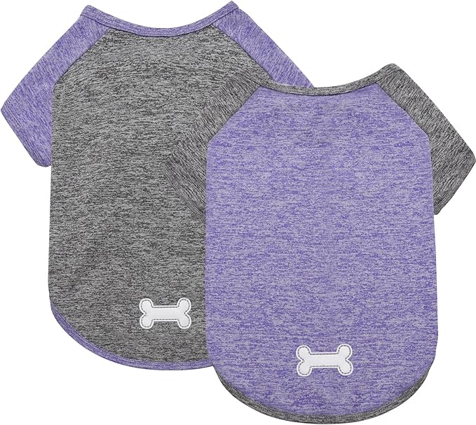 KYEESE 2 Pack Dog Shirts Quick Dry Breathable Raglan Sleeve Soft Stretchy Dog T-Shirts with Reflective Label Pet Clothes for Small Dogs Sun Protection, Purple+Grey, L
