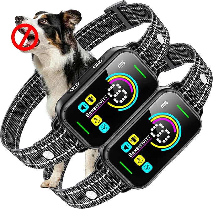 DINJOO 2 Pack Dog Bark Collar for Large Medium Small Dogs,Smart Bark Collar,Rechargeable Anti Barking Training Collar with 8 Adjustable Sensitivity,Bark Collar with Beep