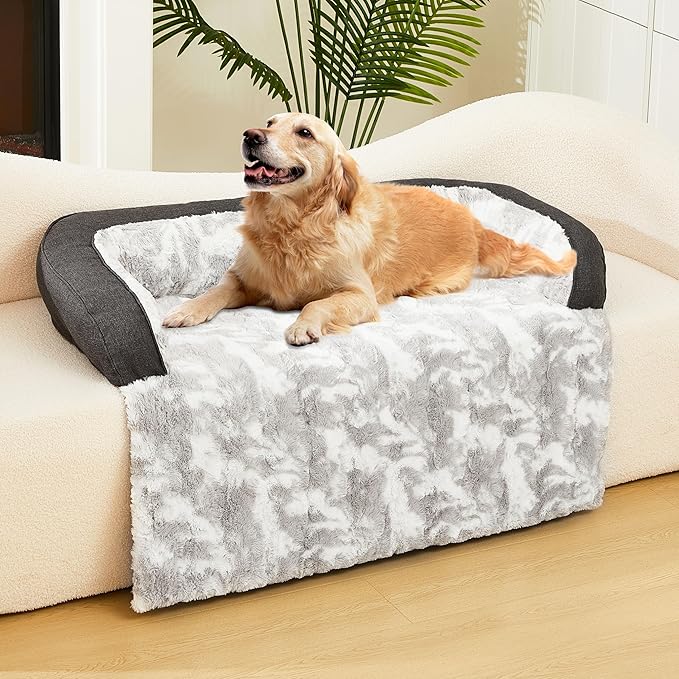 Calming Dog Couch Bed Mat, 41x37 Inch Waterproof Fluffy Sofa Cover, Furniture Protector with Handle, Removable and Washable Pet Bed for Medium Large Dogs and Cats (Grey)