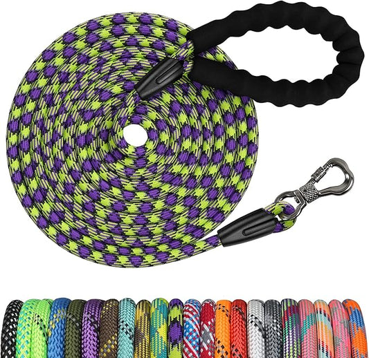 NTR Heavy Duty Dog Leash,15FT Long Rope Leash for Dog Training with Swivel Lockable Hook,Reflective Threads and Comfortable Handle for Walking,Hunting,Camping for Medium and Large Dog, Purple/Green