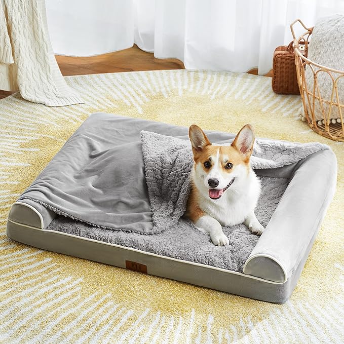 WESTERN HOME Orthopedic Dog Beds for Large Dogs, Foam Pet Sofa with Hooded Blanket, Removable Washable Cover and Nonskid Bottom, Dog Couch Bed for Comfortable Sleep