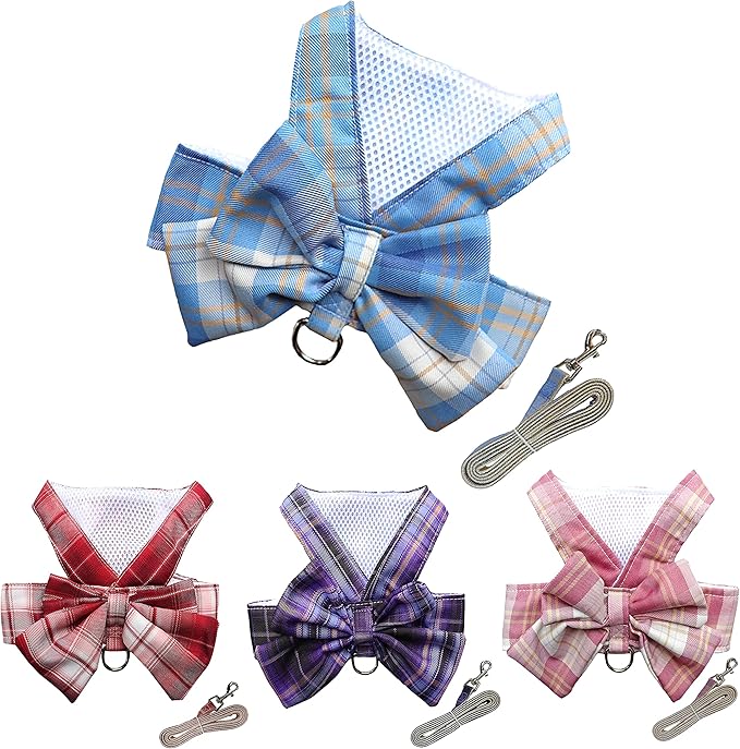 Plaid Dog Dress Bow Tie Harness Leash Set,Dog Clothes Harness Dress with Leash Ring for Small Dogs Girl, Puppy Princess Rabbit Clothes Chihuahua Yorkies Pet Outfits (Blue, XX-Large)