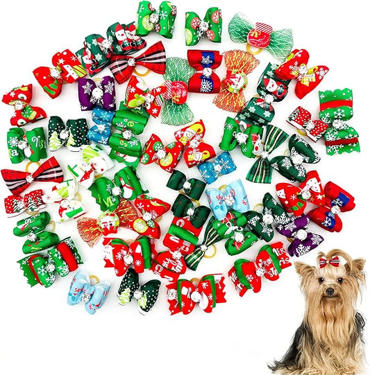 PET SHOW 50pcs Christmas Dog Hair Bows with Rubber Bands Bulk for Small Medium Dogs Xmas Holiday Puppies Cats Kittens Rabbits Topknot Grooming Costumes Hair Accessories
