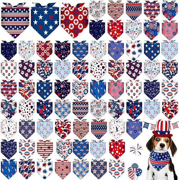 72 Pcs Dog Bandanas Bulk for Summer Adjustable Washable Pet Triangle Scarf Soft Kerchief Bib for Summer Holiday Pet Costume Accessories(Independence Day)