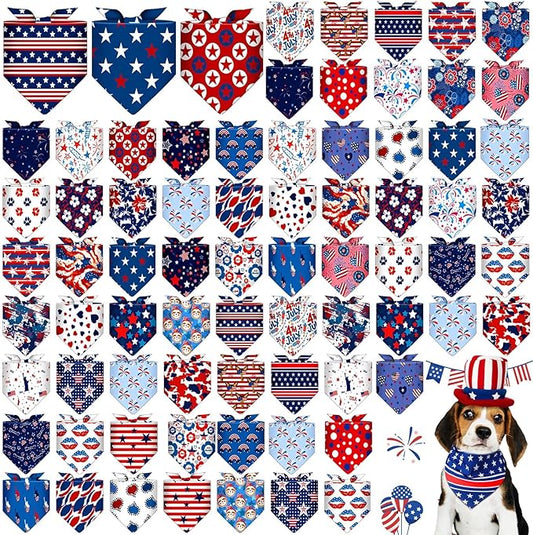 72 Pcs Dog Bandanas Bulk for Summer Adjustable Washable Pet Triangle Scarf Soft Kerchief Bib for Summer Holiday Pet Costume Accessories(Independence Day)