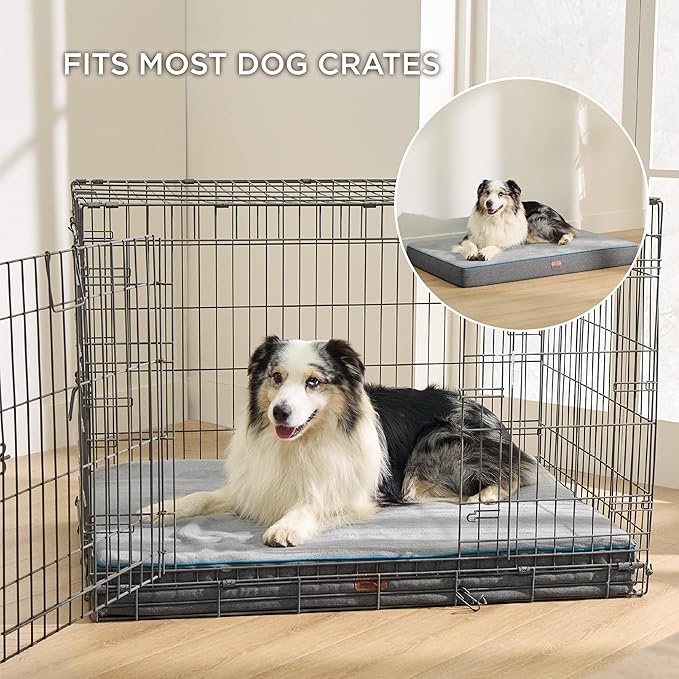 Bedsure Memory Foam Large Plus Dog Bed - Orthopedic Waterproof Pet Mat for Crate with Removable Washable Cover and Nonskid Bottom - Water-Resistant Plush Flannel Fleece Top Pet Bed, Grey
