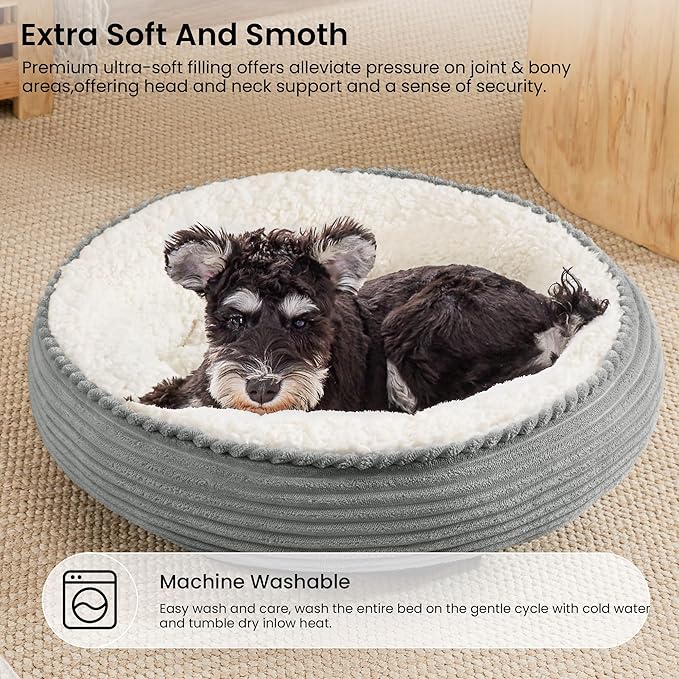 Love's cabin Round Donut Cat and Dog Cushion Bed, 25in Pet Bed for Small or Medium Dogs, Anti-Slip & Water-Resistant Bottom, Soft Durable Fabric Pet Beds, Washable Calming Cat Bed Grey Stripe