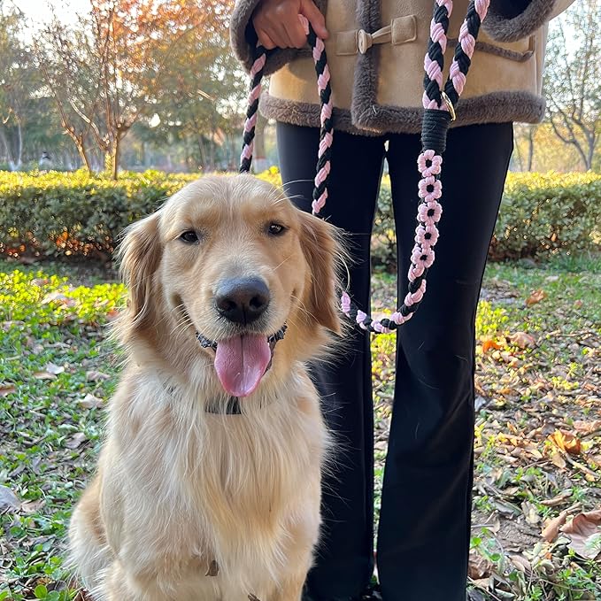 Handmade 5ft Braided Cotton Dog Leash with Unique Floral Handle, Durable and Stylish, Ideal for Small to Large Dogs, Black & Pink Color