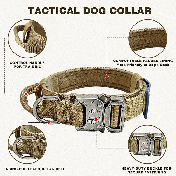 Tactical Dog Collar & Leash Set, Military Dog Collar, Adjustable Nylon, Heavy Duty Metal Buckle, with Handle for Dog Training, Airtags Case, Patches (Brown, M)