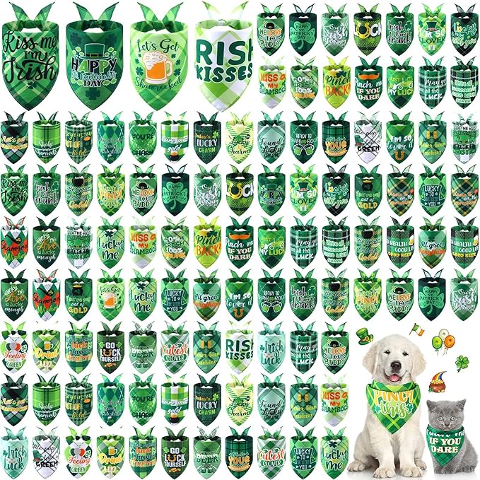 Sweetude 100 Pcs St Patrick's Day Plaid Dog Bandanas Bulk with Sayings Irish Pet Scarf Bibs Adjustable Washable Holiday Costume Accessories Grooming Supplies for Small to Large Cats Dogs