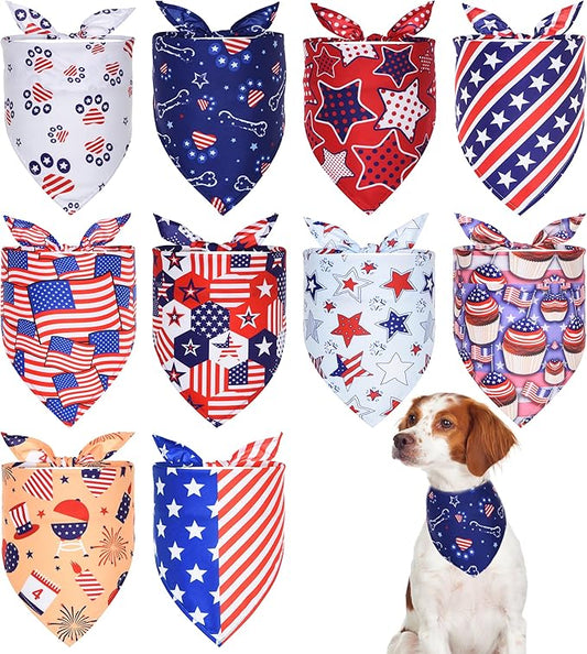 10PCS 4th of July Dog Bandanas Large American Flag Stars and Stripes Patriotic Balloons Pattern for Extral Large XL XXL Breed Scarves Independence Day Party Grooming Accessories