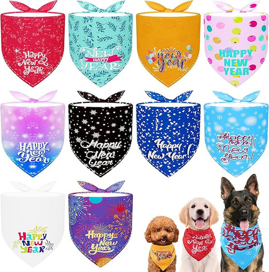 10PCS Dog Bandanas Happy New Year for Large Breed Dog XL XXL Kerchief Triangle Bibs Head Scarves for Boys and Girls Grooming Costume