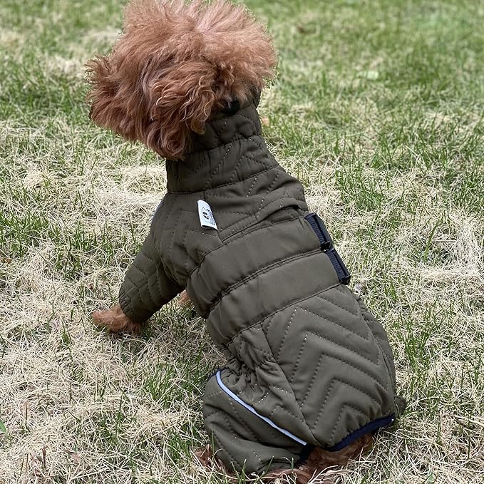 Warm Dog Coat Double Layers Dog Vest, 4 Legs Covered Windproof Waterproof Reflective Warm Dog Vest Outdoor Skating Dog Costume for Small Medium Large Dogs Olive XL