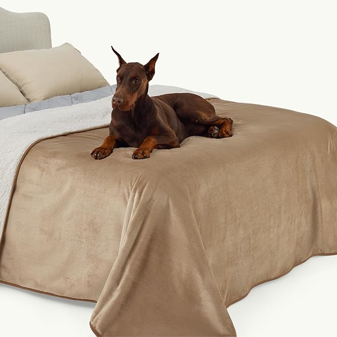 Bedsure Waterproof Blanket for Bed - Sherpa Fleece Waterproof Dog Blankets for Large Dogs, Pet Blankets for Bed/Couch/Dog Crate, Soft Plush Reversible Furniture Protector, King Size, 108"x86", Camel