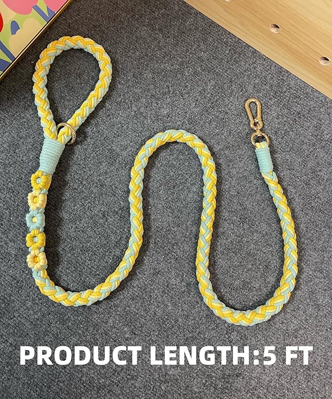 Handmade 5ft Braided Cotton Dog Leash with Unique Floral Handle, Durable and Stylish, Ideal for Small to Large Dogs, Blue & Yellow Twist