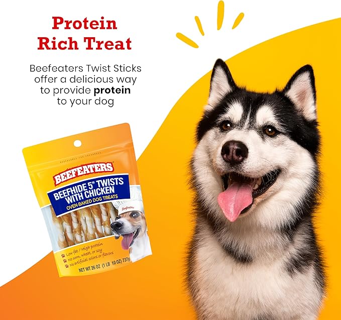Beefeaters Beefhide 5in Twist with Real Chicken, 26oz – Protein-Rich Dog Treats for Clean Teeth, Ideal for Training & All Dog Sizes