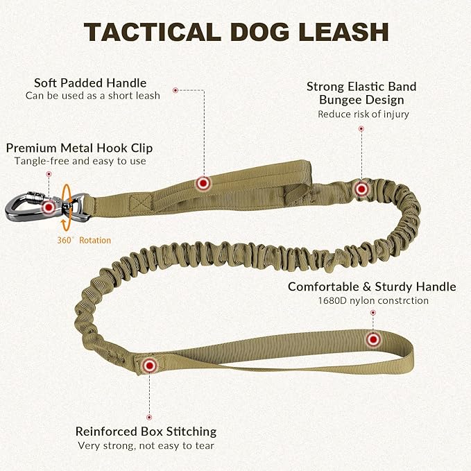 Tactical Dog Collar and Bungee Leash Set, Adjustable Military Training Nylon Dog Collar with Controll Handle and Heavy Metal Buckle,with USA American Flag, Patches and Airtags Case (M, Brown)