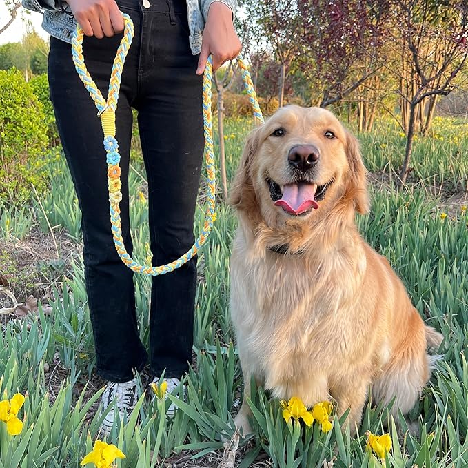 Handmade 5ft Braided Cotton Dog Leash with Unique Floral Handle, Durable and Stylish, Ideal for Small to Large Dogs, Blue & Yellow Twist (Sunshine Breeze)