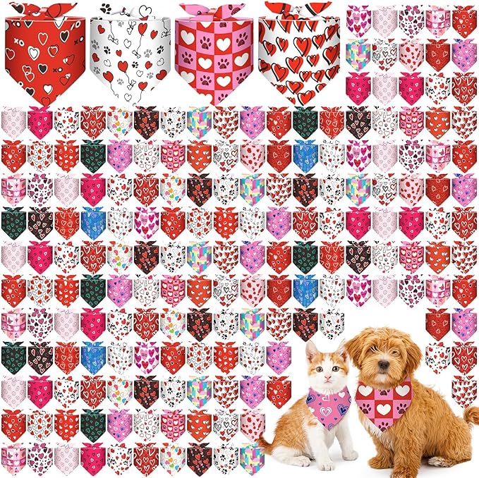 Aliceset 180 Pcs Valentine Dog Bandana Bulk Heart Bandanas for Dogs Adjustable Washable Pet Triangle Scarf Cute Red Pink Kerchief Bibs for Valentine‘s Day Pet Costume Accessories Decorations
