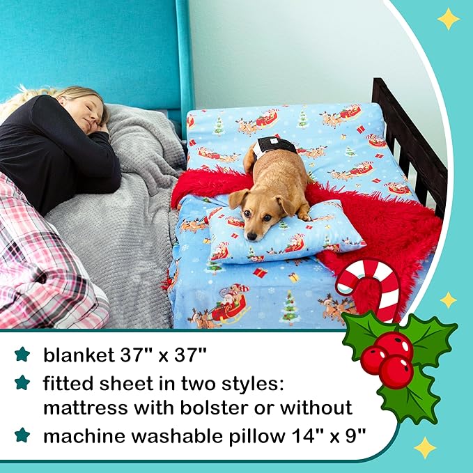 Santa's Helpers Bedding Set - Soft Shag & Fleece Reversible Blanket, Plush Pillow, Cute Fitted Sheet for Comfort - Oeko-Tex 100 Certified, Safe & Gentle for Pets (Standard)
