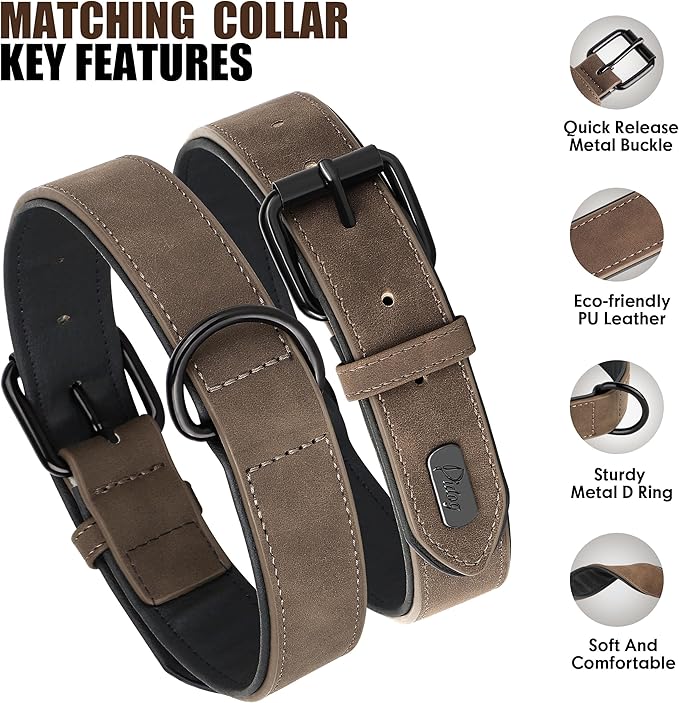 Didog Soft Padded Leather Dog Collar and Leash Set, Heavy Duty Dog Leash and Collar Set with Metal Buckle, Breathable Dog Collars with 4FT Leather Dog Leash for Small Medium Large Dogs, Brown, L