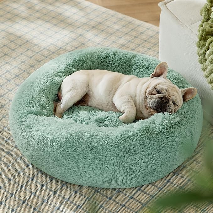 Bedsure Calming Dog Bed for Medium Dogs - Donut Washable Medium Pet Bed, 30 inches Anti-Slip Round Fluffy Plush Faux Fur Cat Bed, Fits up to 45 lbs Pets, Garden Green