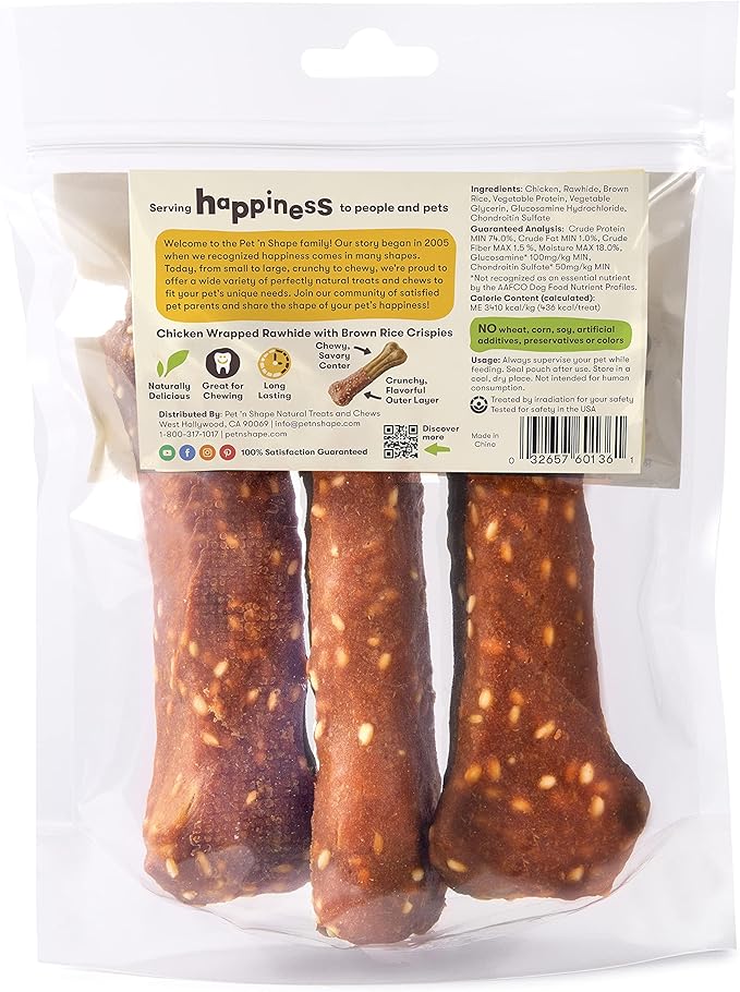 Pet 'n Shape Long Lasting Chewz Dog Treats - Chicken Wrapped Rawhide - 3 Bones, 6-Inch Long (Pack of 3)
