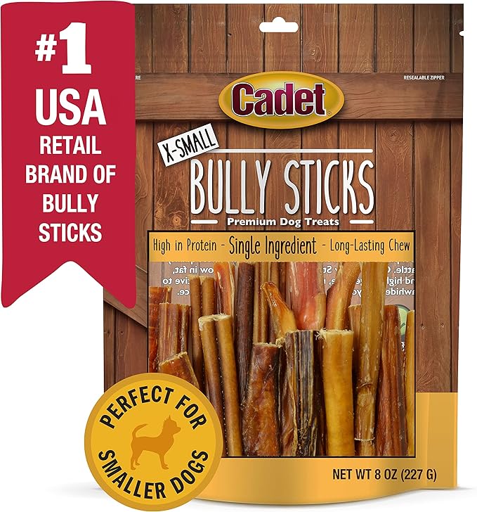 Cadet Bully Sticks for Extra-Small Dogs, All-Natural Beef Pizzle, Rawhide-Free Long-Lasting Dog Chews for Aggressive Chewers, 8 oz