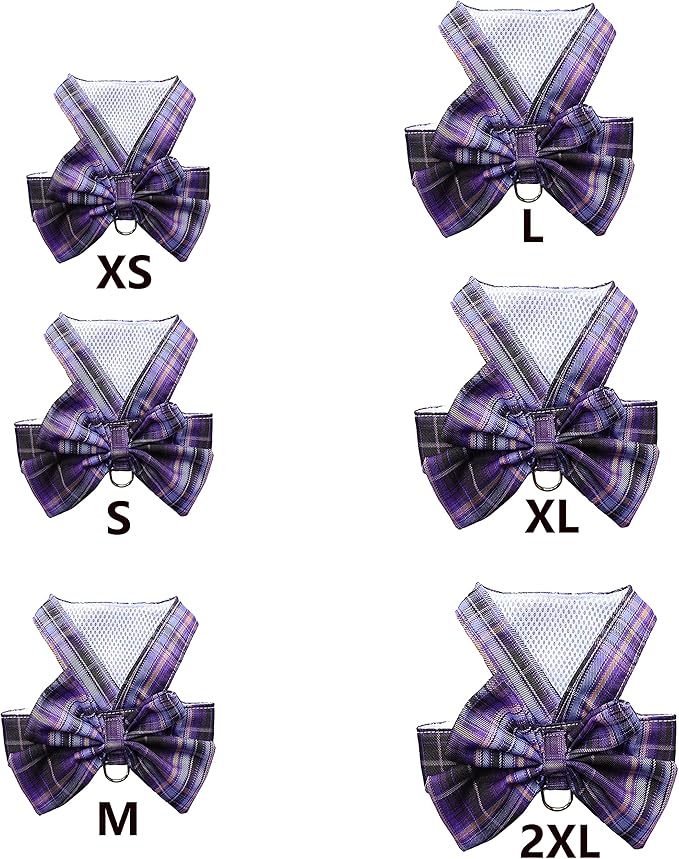 Plaid Dog Dress Bow Tie Harness Leash Set,Dog Clothes Harness Dress with Leash Ring for Small Dogs Girl, Puppy Princess Rabbit Clothes Chihuahua Yorkies Pet Outfits (Purple, X-Small)