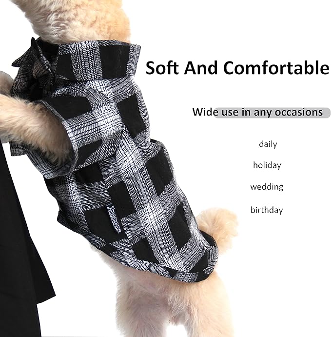 Soft Casual Dog Plaid Shirt,Gentle Dog Western Shirt Pet Clothes, Dog Cotton Shirt with Bow Tie for Wedding,Christmas Costumes (Large, White&Black)
