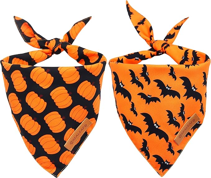 Realeaf Halloween Dog Bandanas 2 Pack - Pumpkin Fall Scarf for Boys and Girls, Premium Durable Fabric, Orange Holiday Accessory for Large and Extra Large Dogs (X-Large)