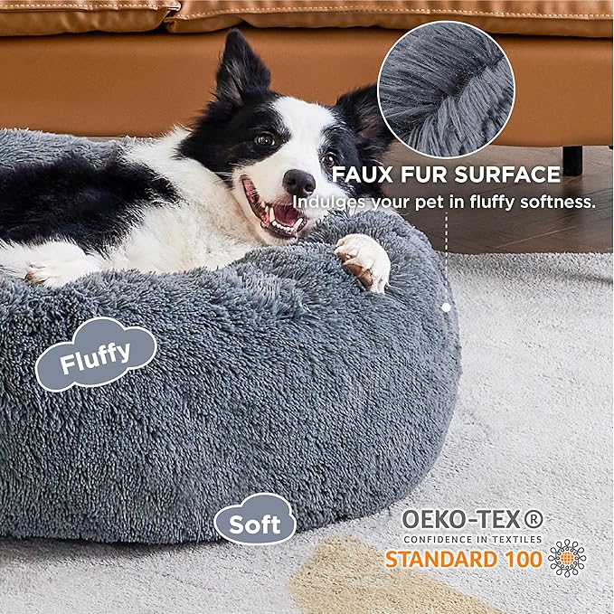 Bedsure Calming Dog Bed for Large Dogs - Donut Washable Large Pet Bed, 36 inches Anti-Slip Round Fluffy Plush Faux Fur Dog Bed, Fits up to 100 lbs Pets, Dark Grey