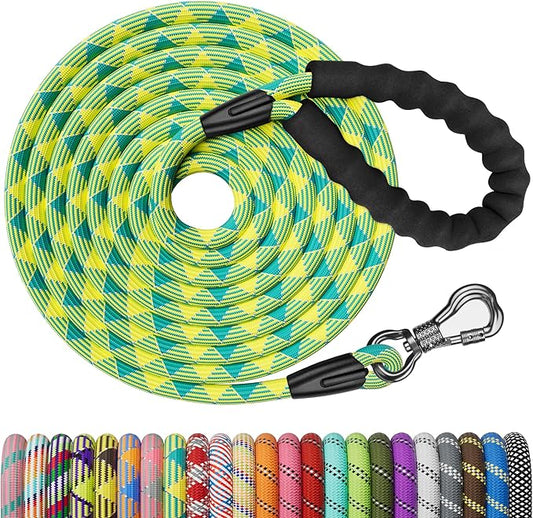 NTR Long Dog Leash,15FT Rope Leash for Dog Training with Swivel Lockable Hook,Reflective Threads and Comfortable Handle,Dog Lead for Walking,Hunting,Camping for Medium and Large Dog, Teal/Yellow