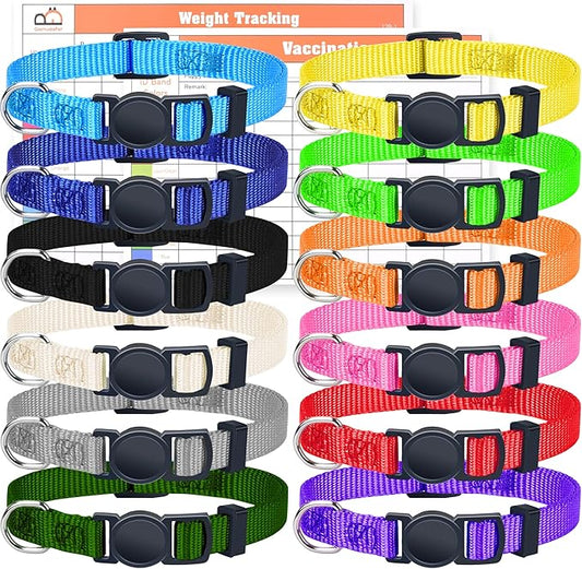 GAMUDA Soft Nylon Puppy and Pup Collars, Adjustable Breakaway Litter Collars, Plain Whelping & ID with Charts - Assorted Colors, Set of 12 (M)