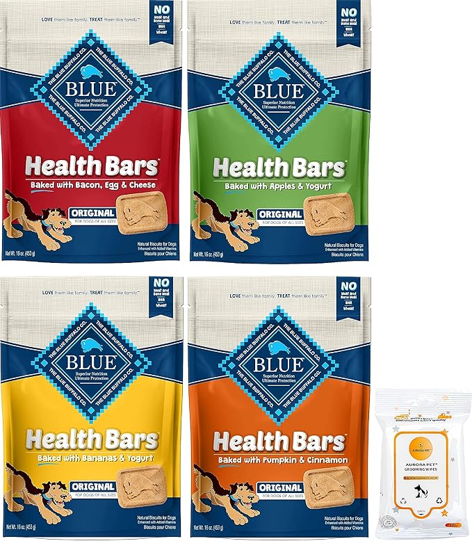 Aurora Pet Variety Pack (4) Blue Health Bars Crunchy Dog Treats (16-oz Each) with AuroraPet Wipes