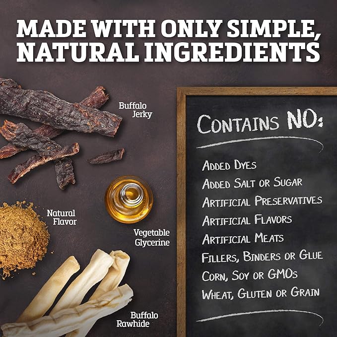 Rawhide Dog Treats - Healthy, Grass-Fed Buffalo Jerky Raw Hide Chews - Hickory Smoked Flavor - Jerky Kabob, 18 Count