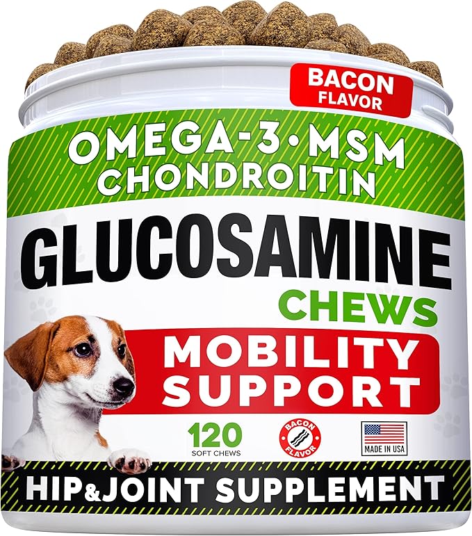 STRELLALAB Glucosamine Treats for Dogs - Joint Supplement w/Omega-3 Fish Oil - Chondroitin, MSM - Advanced Mobility Chews - Joint Pain Relief - Hip & Joint Care - Bacon Flavor - 120 Ct - Made in USA